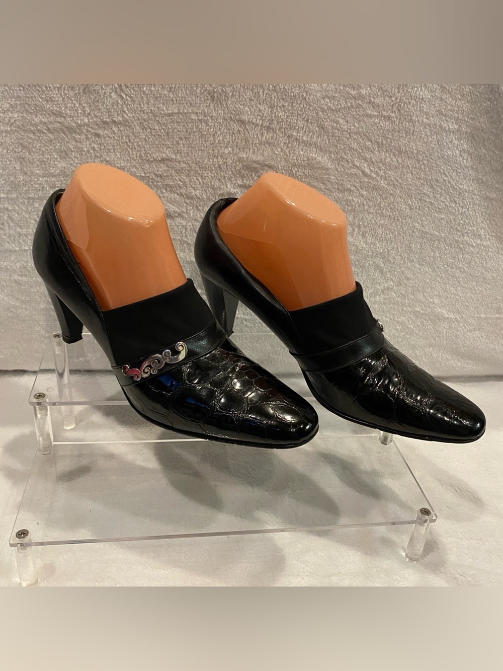 Brighton Rhiana Croc-Embossed Patent Leather Mules Heels Shoes Black Size 9N EUC